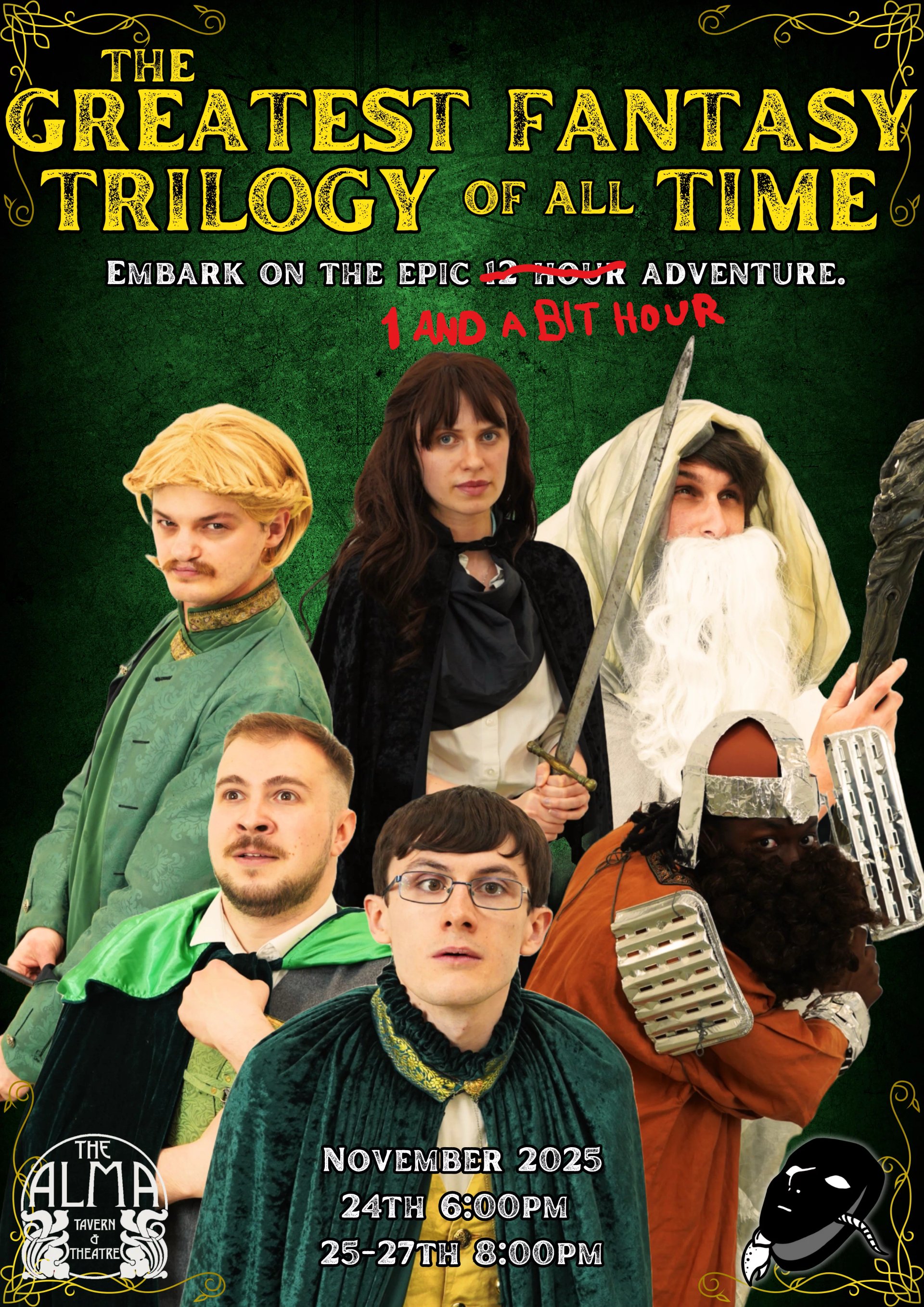 Poster for the greatest fantasy trilogy of all time. The background is green and the text gold. Six actors look in different directors with fantasy costumes on. They are different lord of the rings characters.
