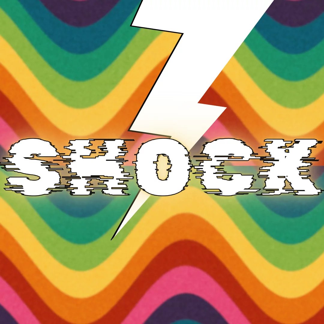 Wavy lines in a rainbow like order line the background. The word shock is in the foreground in white blurred text. A large white lightening bolt starts at the top of the page and lands through the o of shock.