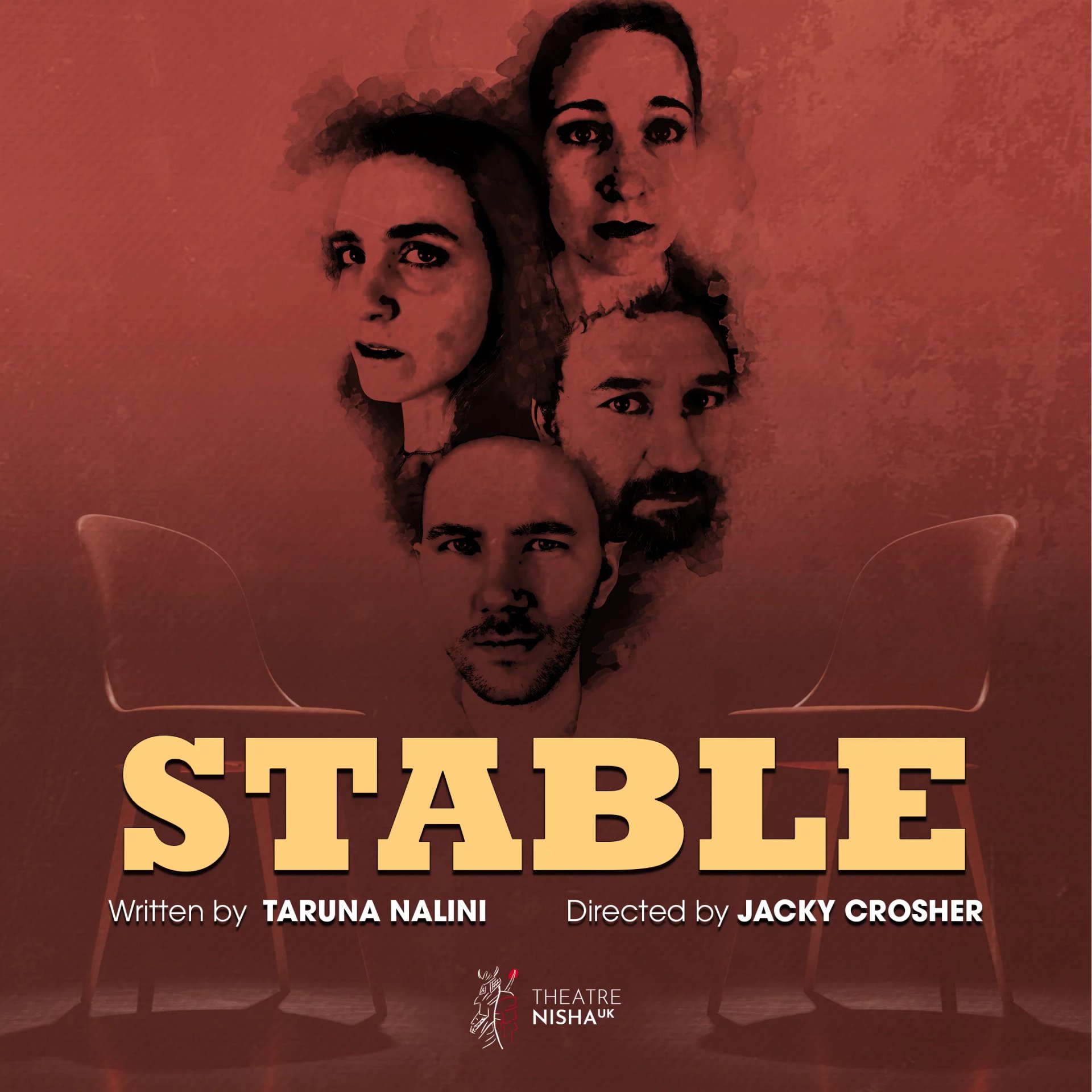 Poster for Stable. red background with yellow text. Four heads have been edited stacked together. The heads show only details in black water colour like lines. Two chairs are under the heads, they are like shadows part of the red background.
