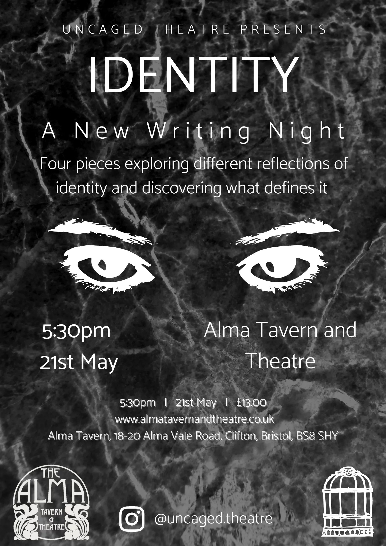 Poster for Identity. A black and white image. The background is dark crumpled paper. In the foreground is a white outline of a pair of eyes and eyebrows. Dates and logos also fill the poster.