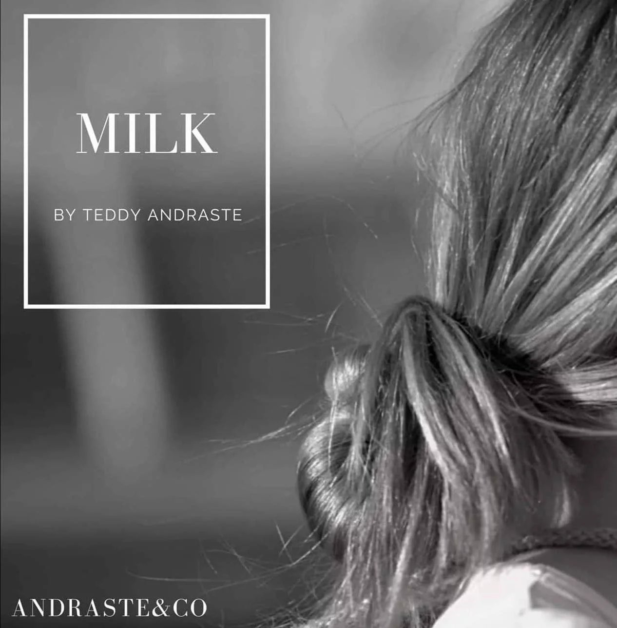 Black and white image of the back of a woman's head, her hair is in a low bun. A rope comes from around her neck like a lead. Milk is in the top left surrounded by a box.