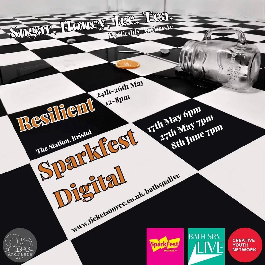 Poster for Sugar honey iced tea. A glass of water has been spilt on a black and white tiled floor. A straw, ice and orange slice also sit on the floor. Dates and locations have been placed on the image as if they are in the tiles.