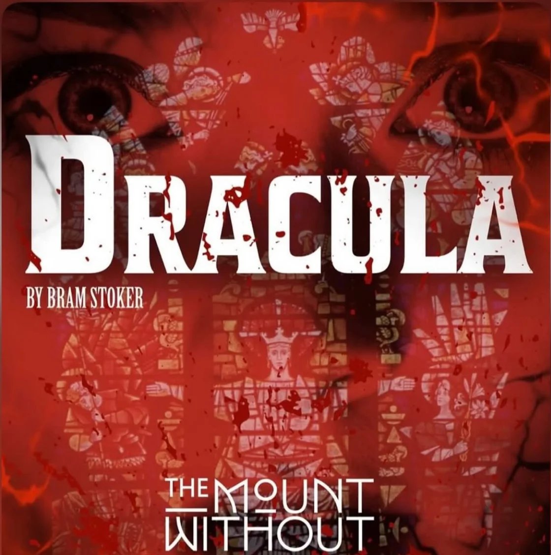 Poster for Dracula. The poster is red and white. A face of a woman is the background. A stained glass window is layered on top of her face with a level of transparency. 