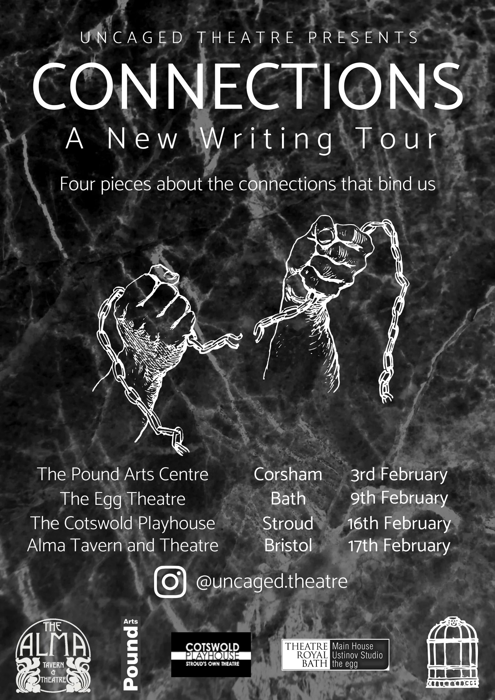 Poster for Connections. A black and white image. The background is dark crumpled paper. In the foreground is a white outline of hands breaking apart a chain. Dates and logos also fill the poster.